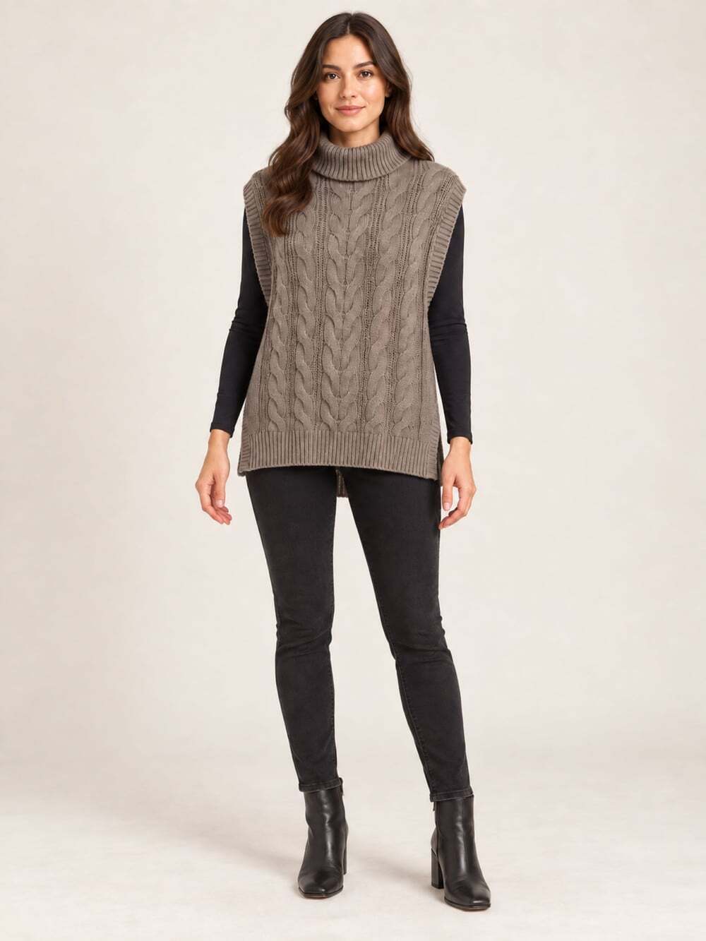 Pact Cable Knit Cape Poncho Sweater Women’s M/L Taupe Mock Neck Organic